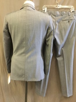 Mens, Suit, Jacket, GALANTE, Steel Blue, Gray, Wool, Stripes - Chalk , 38R, Single Breasted, 2 Buttons, Notched Lapel, 4 Pockets, Top Stitch,
