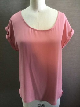PINK ROSE, Blush Pink, Polyester, Solid, Cuffed Short Sleeves,  Scoop Neck,  1/4 Zipper Center Back,