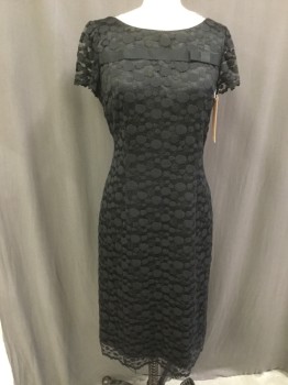 TALBOTS, Black, Nylon, Rayon, Dots, Round Neck, Short Sleeves, Below Knee, Back Zipper, Lined Dotted Lace, Ribbon and Bow at Yoke Line, Scoop Back