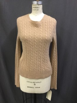 Womens, Pullover, J CREW, Tan Brown, Cashmere, Cable Knit, S, Crew Neck, Long Sleeves,