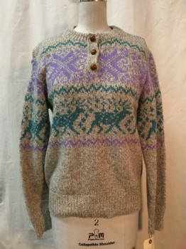 NO LABEL, Heather Gray, Teal Green, Lavender Purple, Acrylic, Novelty Pattern, Knit, Pullover, CN, 3 Btn Henley Style, LS, Reindeer Motif