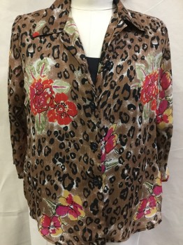 SARAH B STUDIO, Brown, Black, Red, White, Lt Green, Polyester, Animal Print, Floral, Button Front, 3/4 Sleeves, Collar Attached, with Attached Black Cami Underneath, Floral Animal Pattern with Gold Lurex Stripes