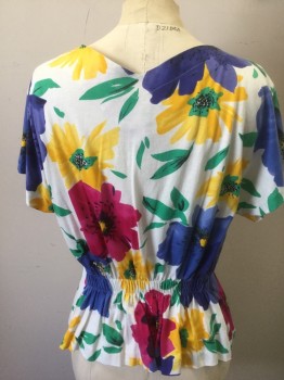 FELICITY, Multi-color, White, Fuchsia Pink, Violet Purple, Yellow, Cotton, Floral, Jersey, Dolman Short Sleeves, V-neck, Tapered Waist with 2 Darts in Front, Elastic at Center Back Waist