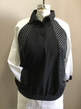 N/L, Black, White, Nylon, Color Blocking, Polka Dots, Pullover, White Raglan 3/4 Sleeve with Black Ribbed Knit Cuff, Collar Attached, 3 Buttons Front, Ribbed Knit Waistband