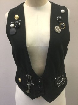 Womens, Vest, FREE PEOPLE, Black, Cream, Silver, Gold, Cotton, Solid, XS, Black Twill, with Various Button Decorations - Pearls, Gold, Black in Silver or Gold Metal Setting, Black and Cream Gingham, Etc. 3 Buttons,  2 Pockets, Safety Pins on Pockets, Fitted, 80's Inspired