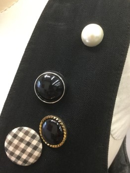 Womens, Vest, FREE PEOPLE, Black, Cream, Silver, Gold, Cotton, Solid, XS, Black Twill, with Various Button Decorations - Pearls, Gold, Black in Silver or Gold Metal Setting, Black and Cream Gingham, Etc. 3 Buttons,  2 Pockets, Safety Pins on Pockets, Fitted, 80's Inspired