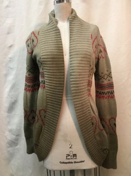 Womens, Sweater, JK, Sage Green, Red, Brown, Cotton, Novelty Pattern, XL, Sage Green, Red/ Brown Novelty Print, Aged/Distressed,