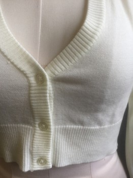 Womens, Sweater, FERVOUR, Cream, Acrylic, Nylon, Solid, M, Knit, 3/4 Sleeves, Deep V-neck, Cropped Length, 3 Buttons at Center Front