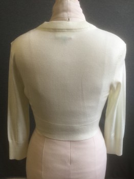 FERVOUR, Cream, Acrylic, Nylon, Solid, Knit, 3/4 Sleeves, Deep V-neck, Cropped Length, 3 Buttons at Center Front