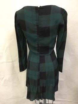 REFORMATION, Black, Green, Viscose, Gingham, Black/green Gingham with Double Black Top Stitches Print, Scoop Neck, Long Sleeves,  , Zip Back,