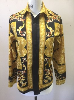 Mens, Club Shirt, N/L, Black, Mustard Yellow, Goldenrod Yellow, Caramel Brown, Polyester, Novelty Pattern, M, Grecian Gold Leaf Pattern, with Various Swirls, Abstract Shapes, Long Sleeve Button Front, Collar Attached,
