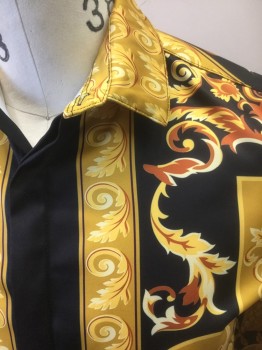 Mens, Club Shirt, N/L, Black, Mustard Yellow, Goldenrod Yellow, Caramel Brown, Polyester, Novelty Pattern, M, Grecian Gold Leaf Pattern, with Various Swirls, Abstract Shapes, Long Sleeve Button Front, Collar Attached,