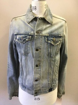 Mens, Jean Jacket, ABERCROMBIE & FITCH, Lt Blue, Cotton, Solid, M, Button Front, 4 Pockets, Collar Attached, Distressed