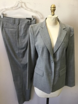 DKNY, Lt Gray, Sky Blue, Wool, Mohair, Stripes - Pin, Single Breasted, 2 Buttons,  3 Pockets, Notched Lapel,