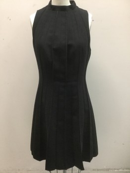 KAREN MILLEN, Black, Acetate, Polyester, Solid, Crepe, Stand Collar, Sleeveless, Vertical Pintucks with Light Gray Top Stitching and Vertical Seams, A-Line, Hem Above Knee