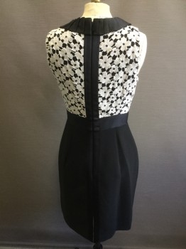 Womens, Dress, Sleeveless, KATE SPADE, Black, Ivory White, Cotton, Polyester, Floral, Solid, 4, Floral Lace Bodice, Black Satin Pleated Ribbon Along Neckline, Center Back Zipper,
