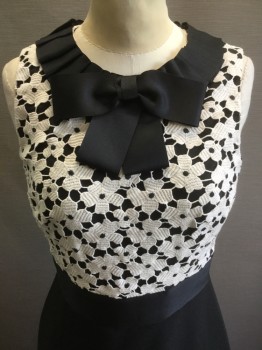 Womens, Dress, Sleeveless, KATE SPADE, Black, Ivory White, Cotton, Polyester, Floral, Solid, 4, Floral Lace Bodice, Black Satin Pleated Ribbon Along Neckline, Center Back Zipper,