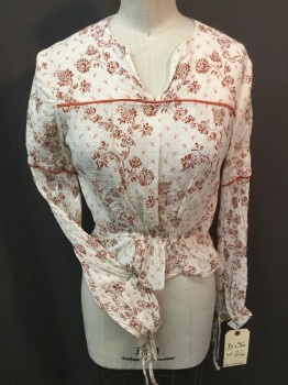 ERIC WINTERLING, INC, Off White, Chestnut Brown, Orange, Cotton, Floral, Off White with Reddish-brown, Orange Floral Print, Round V-neck, Dark Orange Trim Across Chest & Long Sleeves, Gathered Front Center Waist, Hidden Hook & Eye Back, Long Sleeves, with Self Bow Tie