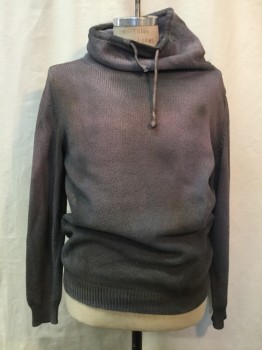 Mens, Pullover Sweater, ZARA, Taupe, Mauve Pink, Cotton, Mottled, M, Aged/Distressed,  Pullover, Drawstring Cowl Neck, Long Sleeves, Rib Knit Cuffs and Waistband, "Wow, You Got Dirty Today!"
