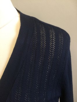 KAREN SCOTT, Navy Blue, Rayon, Polyester, Solid, Ribbed Open Knit, Long Sleeves, Open at Center Front with No Closures, Below Hip Length