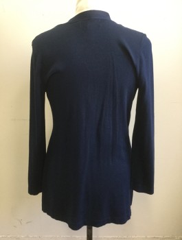 KAREN SCOTT, Navy Blue, Rayon, Polyester, Solid, Ribbed Open Knit, Long Sleeves, Open at Center Front with No Closures, Below Hip Length