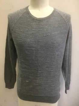 Mens, Pullover Sweater, J.CREW, Gray, Cotton, Solid, L, Bumpy Textured Knit, Raglan Sleeves, Wide Crew Neck, Long Sleeves