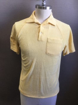 JC PENNEY, Lemon Yellow, Poly/Cotton, Solid, Terry Cloth, Raglan Short Sleeves, 2 Button Front, Collar Attached, 1 Pocket