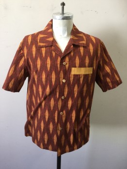Mens, Casual Shirt, MTO, Rust Orange, Black, Orange, Cotton, Hawaiian Print, M, Leaf Motif, Button Front, Collar Attached, 1 Pocket, Short Sleeves