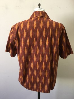 MTO, Rust Orange, Black, Orange, Cotton, Hawaiian Print, Leaf Motif, Button Front, Collar Attached, 1 Pocket, Short Sleeves
