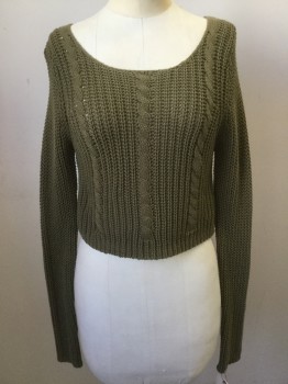 Womens, Pullover, URBAN OUTFITTERS, Olive Green, Cotton, Cable Knit, XS, Wide Neck, Long Sleeves, Ribbed & Cable Knit