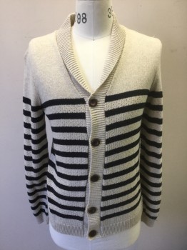 Mens, Cardigan Sweater, TOPMAN, Oatmeal Brown, Black, Cotton, Stripes - Horizontal , S, Oatmeal with Black 1" Wide Horizontal Stripes Across Center, Solid at Shoulders, Knit, Shawl Collar, 5 Button Front, Long Sleeves
