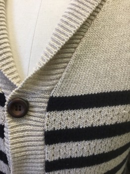 Mens, Cardigan Sweater, TOPMAN, Oatmeal Brown, Black, Cotton, Stripes - Horizontal , S, Oatmeal with Black 1" Wide Horizontal Stripes Across Center, Solid at Shoulders, Knit, Shawl Collar, 5 Button Front, Long Sleeves
