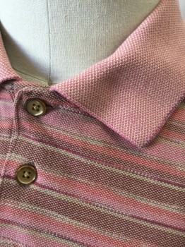 VAN HEUSEN, Salmon Pink, Terracotta Brown, Brick Red, Beige, Mauve Pink, Cotton, Polyester, Stripes - Horizontal , Irregular Horizontal Stripes in Earthy Pinks and Browns, Pique Jersey, Short Sleeves, Collar Attached, 2 Button Front