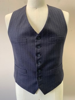 Mens, 1930s Vintage, Suit, Vest, MTO, Navy Blue, Wool, Heathered, Stripes - Pin, 40, 7 Button Front, 2 Pockets, 4 Pockets, Champagne Satin with Navy Pin Stripes Back with Self Attached Back Belt