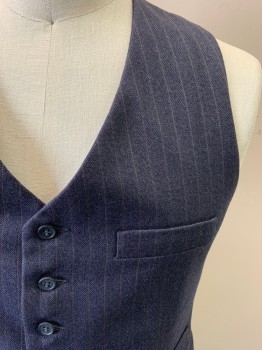 Mens, 1930s Vintage, Suit, Vest, MTO, Navy Blue, Wool, Heathered, Stripes - Pin, 40, 7 Button Front, 2 Pockets, 4 Pockets, Champagne Satin with Navy Pin Stripes Back with Self Attached Back Belt