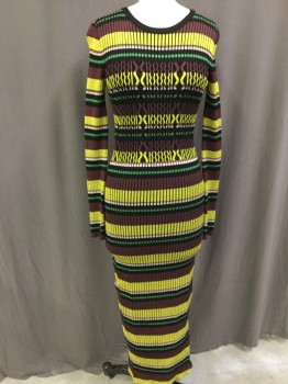 OPENING CEREMONY, Black, Yellow, Green, Pink, Plum Purple, Viscose, Cotton, Stripes - Horizontal , Rib Knit, Long Sleeves, Funky Ric Rac Pattern Center Front, Crew Neck, Pull Over