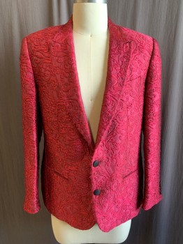 DOLCE & GABBANA, Raspberry Pink, Polyester, Acetate, Swirl , Swirling Brocade, Single Breasted, Collar Attached, Peaked Lapel, 2 Black Fabric Covered Buttons, 3 Pockets, (fabric Fraying at Center Front and Elsewhere)
