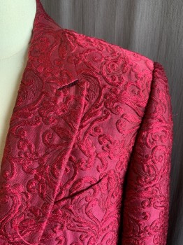 DOLCE & GABBANA, Raspberry Pink, Polyester, Acetate, Swirl , Swirling Brocade, Single Breasted, Collar Attached, Peaked Lapel, 2 Black Fabric Covered Buttons, 3 Pockets, (fabric Fraying at Center Front and Elsewhere)