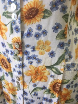 CDC PETITES, White, Sunflower Yellow, Sage Green, Lt Blue, Brown, Rayon, Floral, Warm Yellow and Brown Sunflowers, Sleeveless Sundress with 2" Straps, Scoop Neck, Buttons in Clusters of 3 Down Center Front, Ankle Length, 2 Hip Pockets,