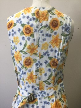 CDC PETITES, White, Sunflower Yellow, Sage Green, Lt Blue, Brown, Rayon, Floral, Warm Yellow and Brown Sunflowers, Sleeveless Sundress with 2" Straps, Scoop Neck, Buttons in Clusters of 3 Down Center Front, Ankle Length, 2 Hip Pockets,