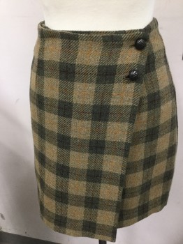 Womens, Skirt, Mini, GUESS, Olive Green, Tan Brown, Red Burgundy, Orange, Wool, Plaid, 2, Wrap, Two Black Buttons, Lined