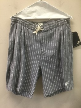 Mens, Swim Trunks, TRUNKS, Slate Gray, White, Synthetic, Seersucker, Stripes - Vertical , M, Slate Gray with White Seersucker Vertical Textured Stripes, Off White Cord Laces at Center Front Waist, Elastic at Waist Sides, 3 Pockets, 8" Inseam