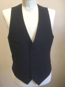 Mens, Suit, Vest, N/L, Navy Blue, Lt Gray, Wool, Stripes - Pin, 40, Navy with Light Gray Pinstripes, 5 Buttons, 4 Pockets, Solid Dark Navy Satin Lining and Back