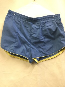 Mens, Shorts, B. ALTMAN & CO, Royal Blue, Yellow, Polyester, Nylon, Solid, W 32, (jogging Shorts) Slate Royal Blue with Yellow Hem Trim, (broken) Elastic Waist, 2 Side Pockets