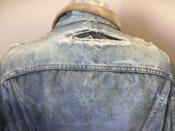 Mens, Jean Jacket, STORM RIDER LEE, Denim Blue, Lt Blue, Tan Brown, Cotton, Acrylic, Solid, 42, Light Faded Denim, Tan Collar, Button Front, 2 Pockets, Acrylic Fuzzy Gray Lining, Very Aged/Holey Throughout, Multiples,