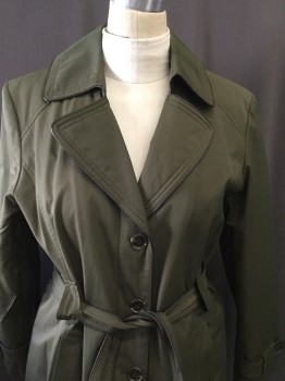 Womens, Coat, Trenchcoat, GALLERY, Olive Green, Cotton, Nylon, Solid, L, Button Front, Peaked Lapel, Dark Brown Pleather Trim, Fleece and Quilted Lining, Belt