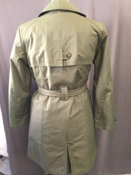 Womens, Coat, Trenchcoat, GALLERY, Olive Green, Cotton, Nylon, Solid, L, Button Front, Peaked Lapel, Dark Brown Pleather Trim, Fleece and Quilted Lining, Belt