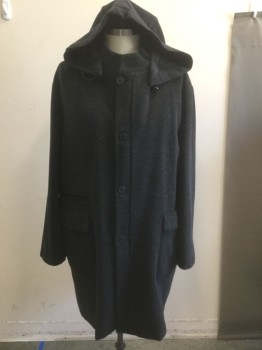 SABATO RUSSO, Dk Gray, Mohair, Wool, Solid, Single Breasted, 4 Buttons and Zipper Closure at Front, Stand Collar with Hood Attached at Shoulders, 3 Pockets, Below Knee Length