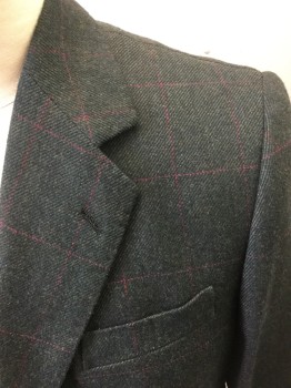 Mens, 1930s Vintage, Suit, Jacket, N/L, Forest Green, Red, Wool, Plaid-  Windowpane, 34/32, 42R, Notched Lapel, SB, 2 Btns, 3 Pckts