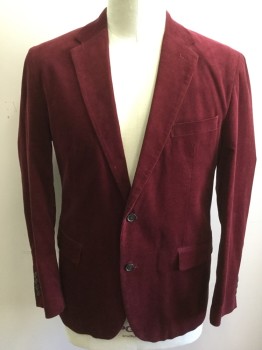 Mens, Sportcoat/Blazer, CANADA, Red Burgundy, Cotton, Solid, 44R, Corduroy, Single Breasted, Notched Lapel, 2 Buttons,  3 Pockets